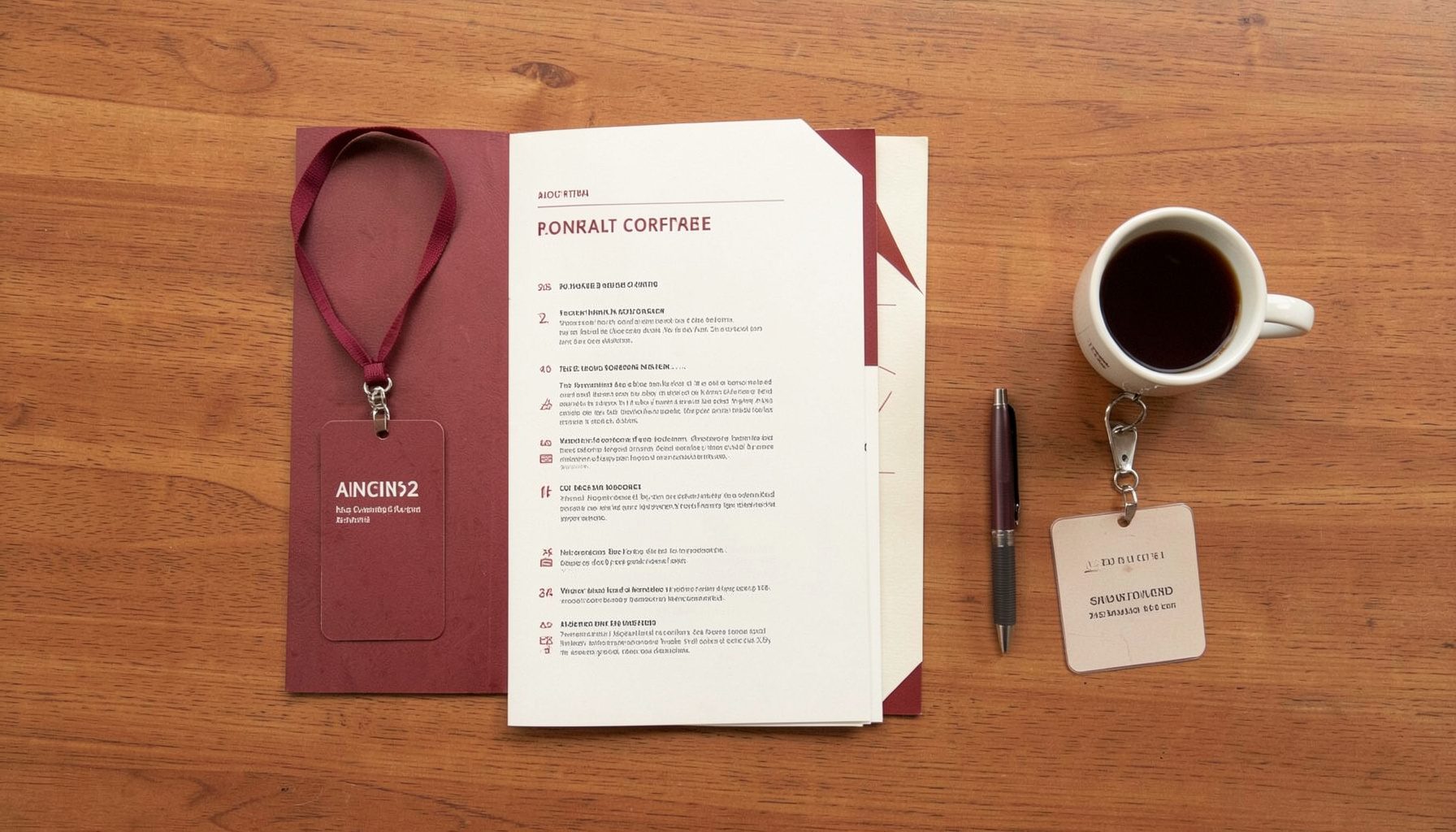 Overhead flat-lay photograph of academic conference materials on a warm wooden desk: a printed programme, a name badge on a lanyard, a pen, and a notebook.