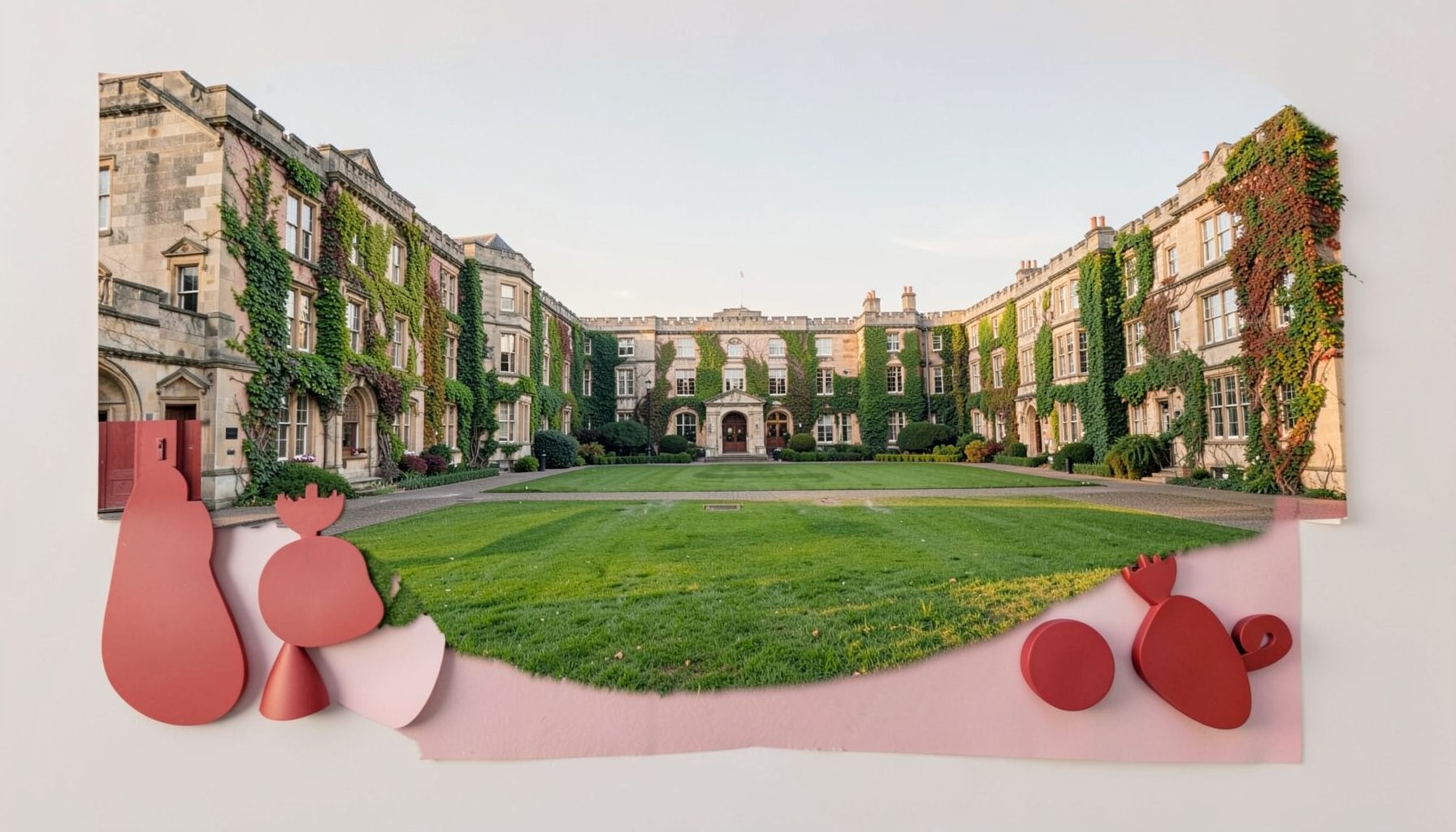 Wide-angle view of a historic university quadrangle with ivy-covered limestone buildings under soft morning light, green lawns