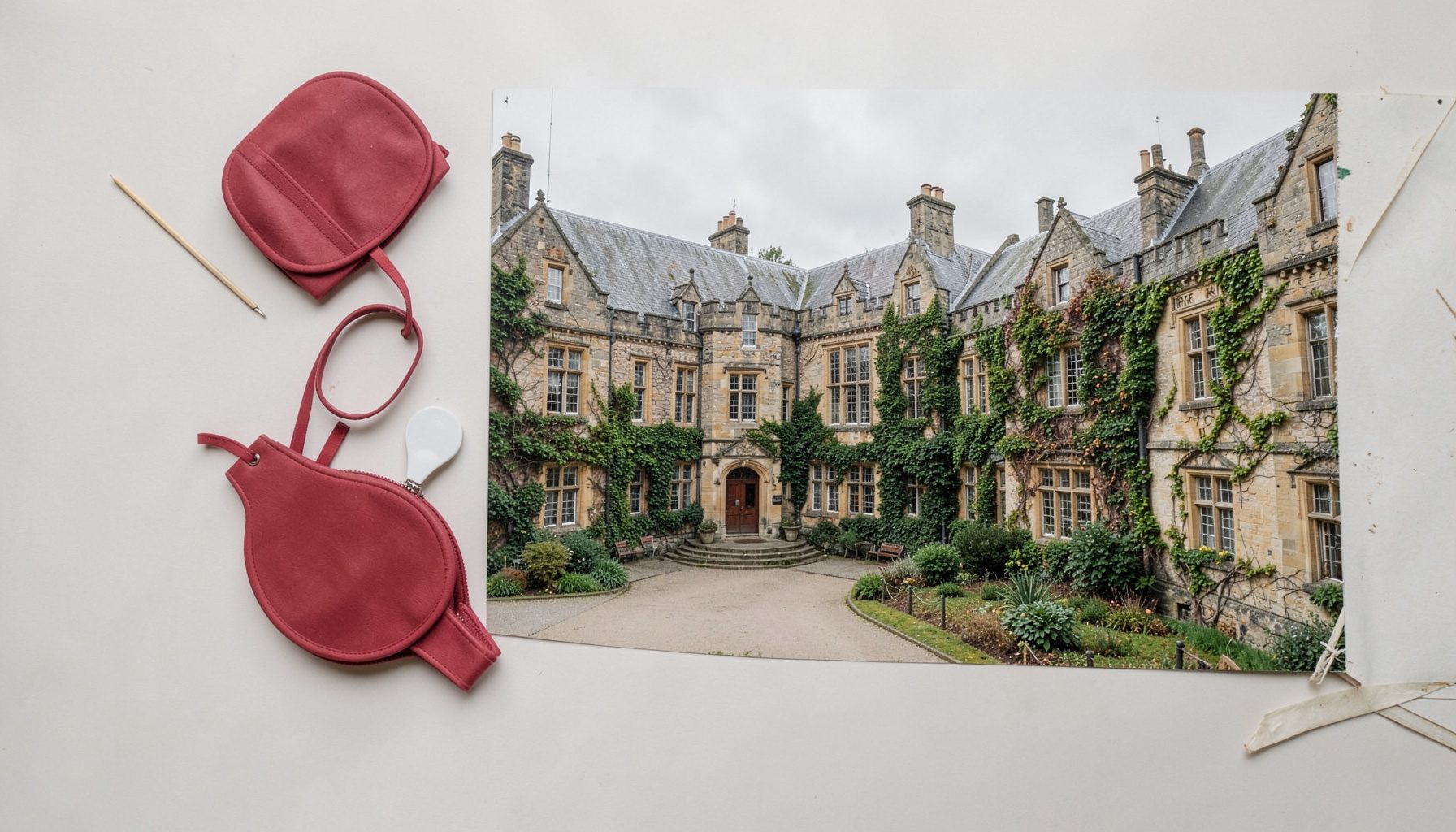 A wide atmospheric photograph of a historic university quadrangle with ivy-covered stone buildings under soft overcast light