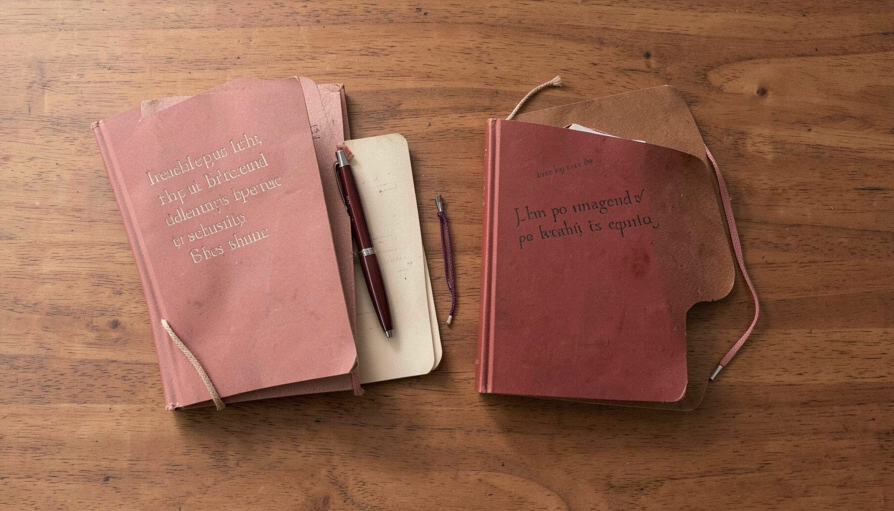 Overhead flat-lay photograph of academic books on religious studies, a notebook, and a pen arranged on a warm wooden desk